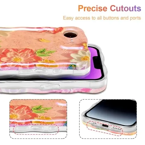 EYZUTAK Case for iPhone 17e/iPhone 16e, Colorful Retro Oil Painting Flower Laser Glossy Pattern Cute Curly Wave Edge Exquisite Phone Cover Stylish Durable TPU Protective Case for Girl Women-Pink White - 5