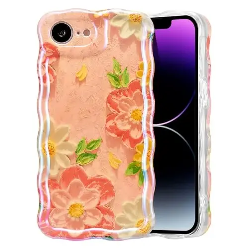 EYZUTAK Case for iPhone 17e/iPhone 16e, Colorful Retro Oil Painting Flower Laser Glossy Pattern Cute Curly Wave Edge Exquisite Phone Cover Stylish Durable TPU Protective Case for Girl Women-Pink White 