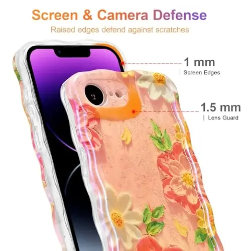 EYZUTAK Case for iPhone 17e/iPhone 16e, Colorful Retro Oil Painting Flower Laser Glossy Pattern Cute Curly Wave Edge Exquisite Phone Cover Stylish Durable TPU Protective Case for Girl Women-Pink White - 4