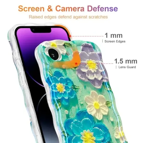 EYZUTAK Case for iPhone 17e/iPhone 16e, Colorful Retro Oil Painting Flower Laser Glossy Pattern Cute Curly Wave Edge Exquisite Phone Cover Stylish Durable TPU Protective Case for Women - Blue Purple - 4