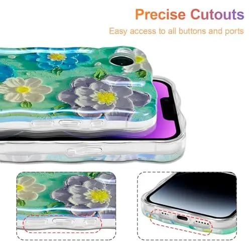 EYZUTAK Case for iPhone 17e/iPhone 16e, Colorful Retro Oil Painting Flower Laser Glossy Pattern Cute Curly Wave Edge Exquisite Phone Cover Stylish Durable TPU Protective Case for Women - Blue Purple - 5