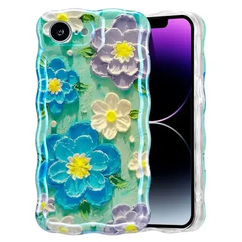 EYZUTAK Case for iPhone 17e/iPhone 16e, Colorful Retro Oil Painting Flower Laser Glossy Pattern Cute Curly Wave Edge Exquisite Phone Cover Stylish Durable TPU Protective Case for Women - Blue Purple - 1