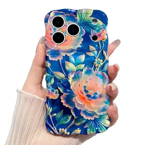 EYZUTAK Case for iPhone 17e/iPhone 16e, Oil Painting Flower, Blue Peony | Laser Glossy Floral Pattern, Cute Curly Wave Edge, Exquisite Phone Cover, Stylish Durable TPU Protective Case for Girl Women 