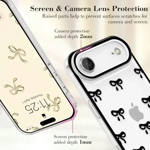 EYZUTAK Case for iPhone Air, Clear Cute Ribbon Bowknot Pattern Aesthetic Transparent Phone Case Raised Camera Protection Stylish Slim Soft Durable TPU Protective Cover for Women Girls - Black - 2