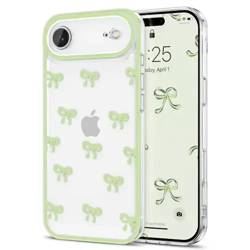 EYZUTAK Case for iPhone Air, Clear Cute Ribbon Bowknot Pattern Aesthetic Transparent Phone Case Raised Camera Protection Stylish Slim Soft Durable TPU Protective Cover for Women Girls - Green 