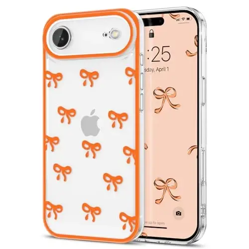 EYZUTAK Case for iPhone Air, Clear Cute Ribbon Bowknot Pattern Aesthetic Transparent Phone Case Raised Camera Protection Stylish Slim Soft Durable TPU Protective Cover for Women Girls - Orange 