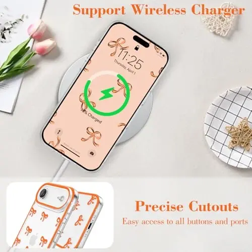 EYZUTAK Case for iPhone Air, Clear Cute Ribbon Bowknot Pattern Aesthetic Transparent Phone Case Raised Camera Protection Stylish Slim Soft Durable TPU Protective Cover for Women Girls - Orange - 5