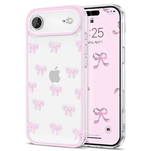 EYZUTAK Case for iPhone Air, Clear Cute Ribbon Bowknot Pattern Aesthetic Transparent Phone Case Raised Camera Protection Stylish Slim Soft Durable TPU Protective Cover for Women Girls - Pink - 1