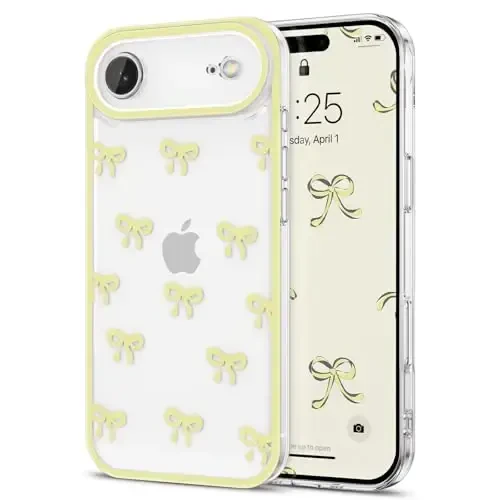 EYZUTAK Case for iPhone Air, Clear Cute Ribbon Bowknot Pattern Aesthetic Transparent Phone Case Raised Camera Protection Stylish Slim Soft Durable TPU Protective Cover for Women Girls - Yellow 