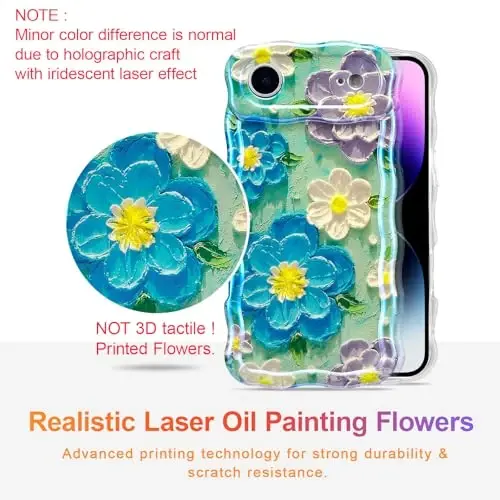 EYZUTAK Case for iPhone Air, Colorful Retro Oil Painting Flower Laser Glossy Pattern Cute Curly Wave Edge Exquisite Phone Cover Stylish Durable TPU Protective Case for Girl Women - Blue Purple - 2
