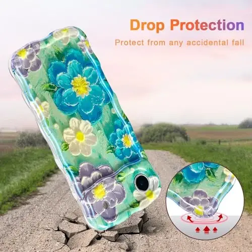 EYZUTAK Case for iPhone Air, Colorful Retro Oil Painting Flower Laser Glossy Pattern Cute Curly Wave Edge Exquisite Phone Cover Stylish Durable TPU Protective Case for Girl Women - Blue Purple - 3