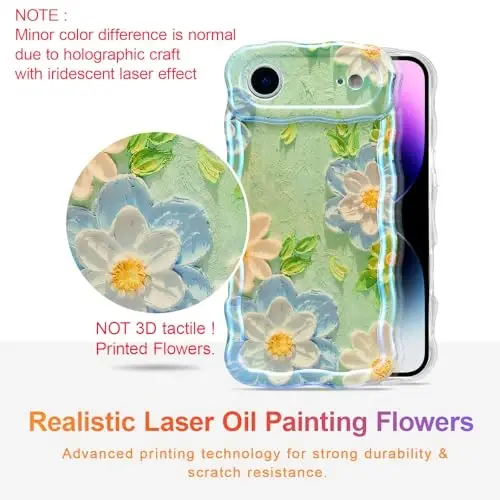 EYZUTAK Case for iPhone Air, Colorful Retro Oil Painting Flower Laser Glossy Pattern Cute Curly Wave Edge Exquisite Phone Cover Stylish Durable TPU Protective Case for Girl Women - Blue White - 2