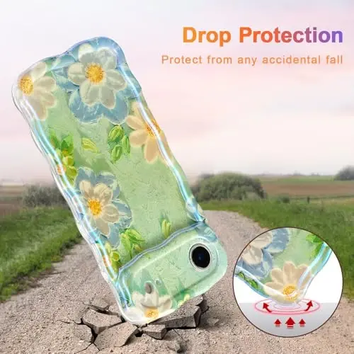 EYZUTAK Case for iPhone Air, Colorful Retro Oil Painting Flower Laser Glossy Pattern Cute Curly Wave Edge Exquisite Phone Cover Stylish Durable TPU Protective Case for Girl Women - Blue White - 3