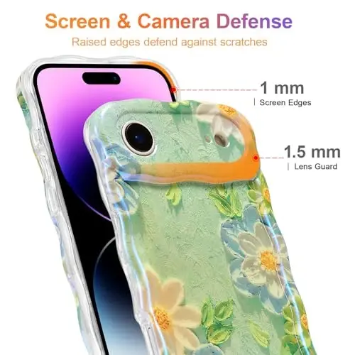 EYZUTAK Case for iPhone Air, Colorful Retro Oil Painting Flower Laser Glossy Pattern Cute Curly Wave Edge Exquisite Phone Cover Stylish Durable TPU Protective Case for Girl Women - Blue White - 4
