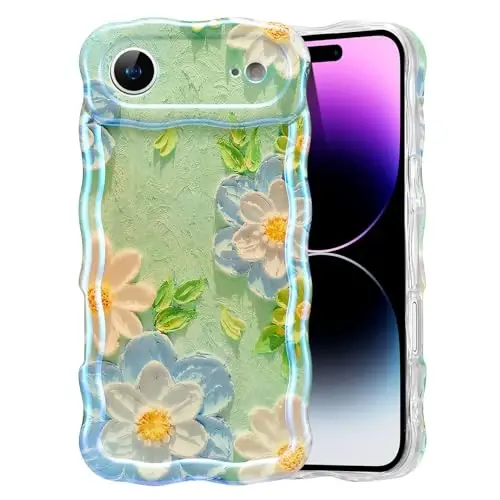 EYZUTAK Case for iPhone Air, Colorful Retro Oil Painting Flower Laser Glossy Pattern Cute Curly Wave Edge Exquisite Phone Cover Stylish Durable TPU Protective Case for Girl Women - Blue White - EYZUTAK