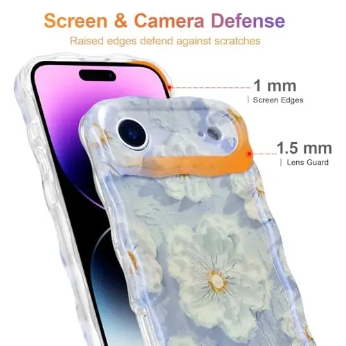 EYZUTAK Case for iPhone Air, Colorful Retro Oil Painting Flower Laser Glossy Pattern Cute Curly Wave Edge Exquisite Phone Cover Stylish Durable TPU Protective Case for Girl Women - Light Blue - 4