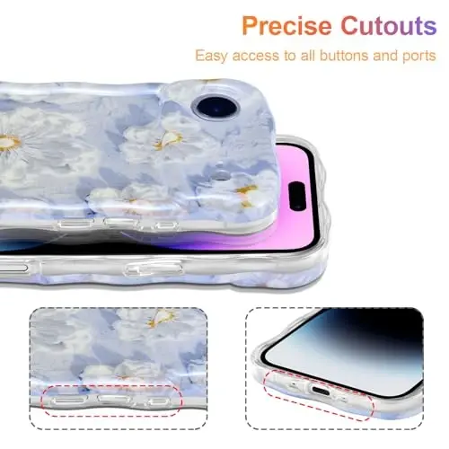 EYZUTAK Case for iPhone Air, Colorful Retro Oil Painting Flower Laser Glossy Pattern Cute Curly Wave Edge Exquisite Phone Cover Stylish Durable TPU Protective Case for Girl Women - Light Blue - 5