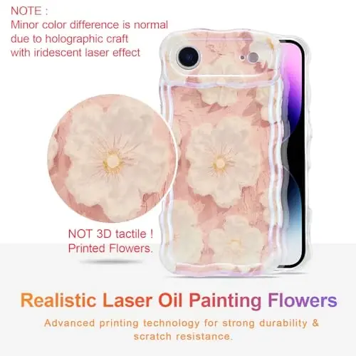 EYZUTAK Case for iPhone Air, Colorful Retro Oil Painting Flower Laser Glossy Pattern Cute Curly Wave Edge Exquisite Phone Cover Stylish Durable TPU Protective Case for Girl Women - Light Pink - 2
