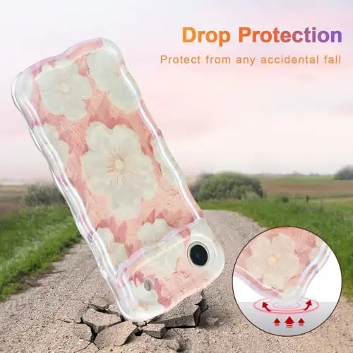 EYZUTAK Case for iPhone Air, Colorful Retro Oil Painting Flower Laser Glossy Pattern Cute Curly Wave Edge Exquisite Phone Cover Stylish Durable TPU Protective Case for Girl Women - Light Pink - 3