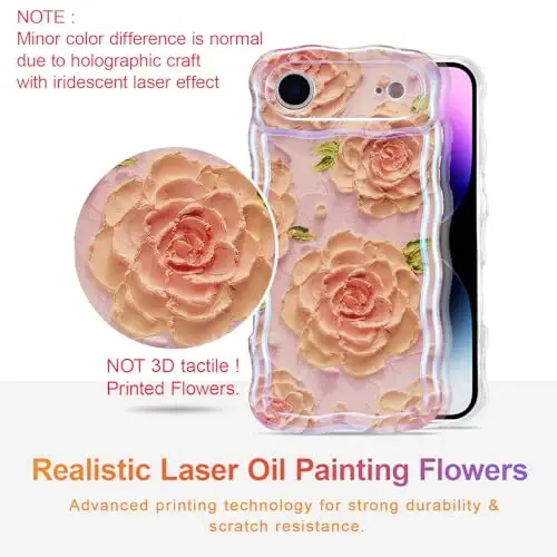 EYZUTAK Case for iPhone Air, Colorful Retro Oil Painting Flower Laser Glossy Pattern Cute Curly Wave Edge Exquisite Phone Cover Stylish Durable TPU Protective Case for Girl Women - Pink Peony - 2