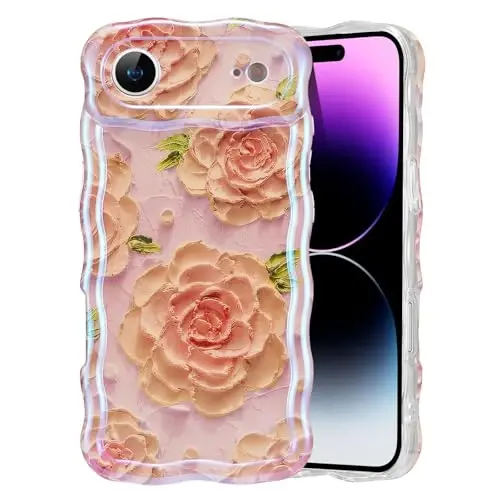 EYZUTAK Case for iPhone Air, Colorful Retro Oil Painting Flower Laser Glossy Pattern Cute Curly Wave Edge Exquisite Phone Cover Stylish Durable TPU Protective Case for Girl Women - Pink Peony - 1