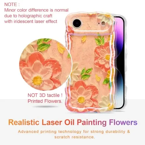 EYZUTAK Case for iPhone Air, Colorful Retro Oil Painting Flower Laser Glossy Pattern Cute Curly Wave Edge Exquisite Phone Cover Stylish Durable TPU Protective Case for Girl Women - Pink White - 2