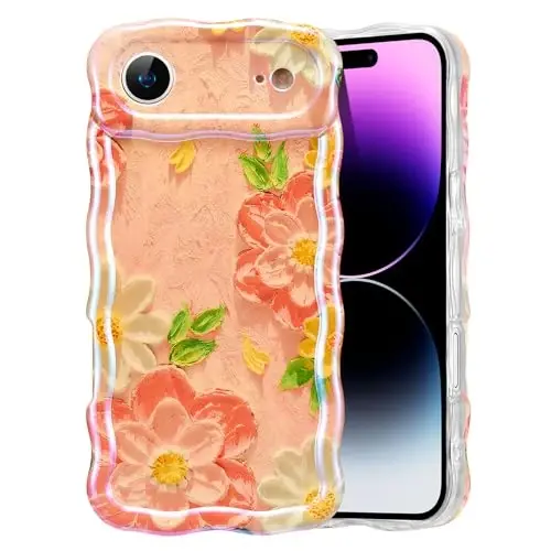 EYZUTAK Case for iPhone Air, Colorful Retro Oil Painting Flower Laser Glossy Pattern Cute Curly Wave Edge Exquisite Phone Cover Stylish Durable TPU Protective Case for Girl Women - Pink White - 1