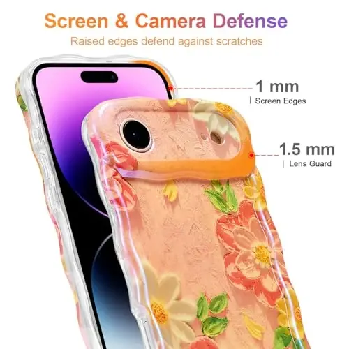 EYZUTAK Case for iPhone Air, Colorful Retro Oil Painting Flower Laser Glossy Pattern Cute Curly Wave Edge Exquisite Phone Cover Stylish Durable TPU Protective Case for Girl Women - Pink White - 4
