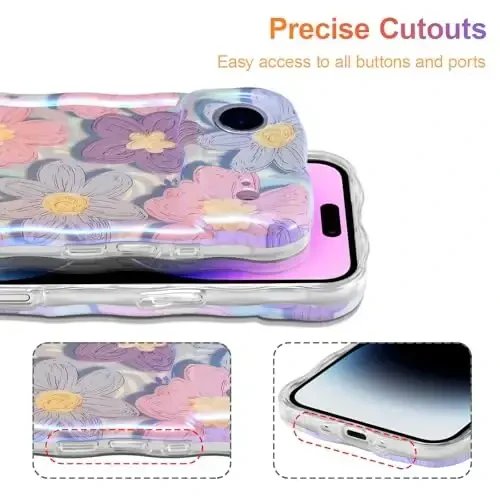 EYZUTAK Case for iPhone Air, Colorful Retro Oil Painting Flower Laser Glossy Pattern Cute Curly Wave Edge Exquisite Phone Cover Stylish Durable TPU Protective Case for Girls Women - Pink Purple - 5