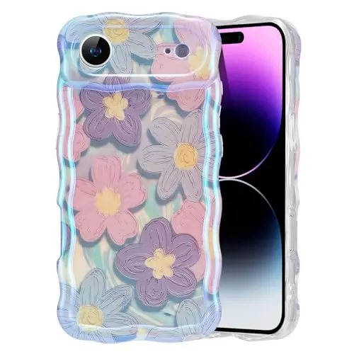 EYZUTAK Case for iPhone Air, Colorful Retro Oil Painting Flower Laser Glossy Pattern Cute Curly Wave Edge Exquisite Phone Cover Stylish Durable TPU Protective Case for Girls Women - Pink Purple 