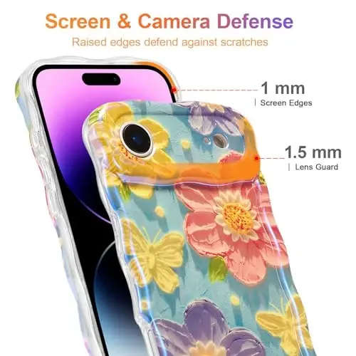 EYZUTAK Case for iPhone Air, Colorful Retro Oil Painting Flower Laser Glossy Pattern Cute Curly Wave Edge Exquisite Phone Cover Stylish Durable TPU Protective Case for Women - Butterfly Flower - 4