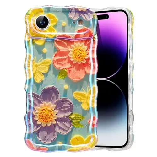EYZUTAK Case for iPhone Air, Colorful Retro Oil Painting Flower Laser Glossy Pattern Cute Curly Wave Edge Exquisite Phone Cover Stylish Durable TPU Protective Case for Women - Butterfly Flower 