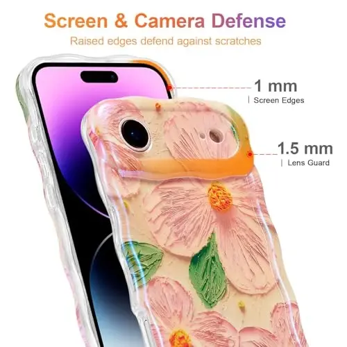 EYZUTAK Case for iPhone Air, Colorful Retro Oil Painting Flower Leaf Laser Glossy Pattern Cute Curly Waves Edge Exquisite Phone Cover Stylish Durable TPU Protective Case for Women - Pink Green - 4