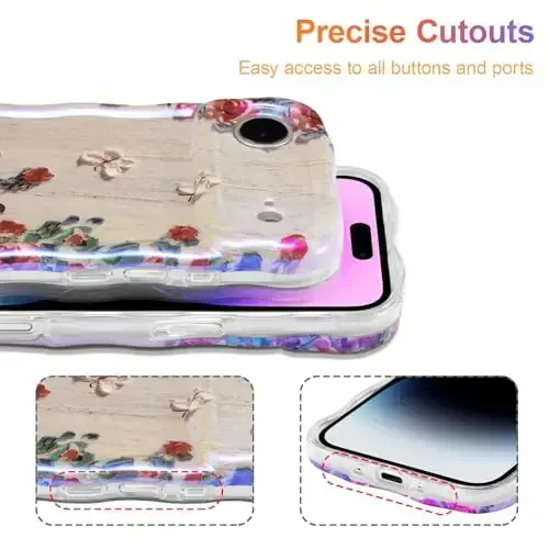 EYZUTAK Case for iPhone Air, Colorful Retro Oil Painting Printed Flower Laser Glossy Pattern Cute Curly Wave Edge Exquisite Phone Cover Stylish Durable TPU Protective Case for Girl Women-Beige - 5