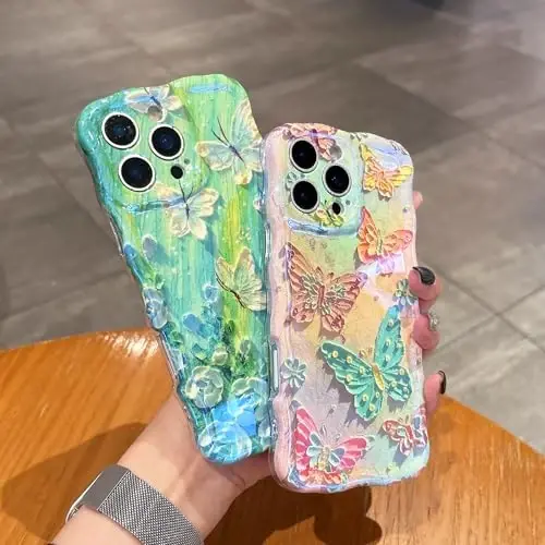 EYZUTAK Case for iPhone Air, Colorful Retro Oil Painting Flower Laser Glossy Pattern Cute Curly Wave Edge Exquisite Phone Cover Stylish Durable TPU Protective Case for Women - Butterfly Green - 4