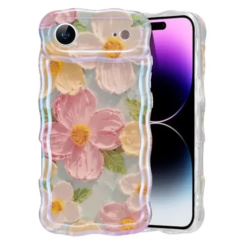 EYZUTAK Case for iPhone Air, Colorful Retro Oil Painting Printed Flower Laser Glossy Pattern Cute Curly Wave Edge Exquisite Phone Cover Stylish Durable TPU Protective Case for Girl Women-Green - 1