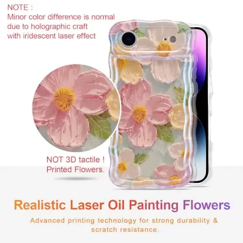 EYZUTAK Case for iPhone Air, Colorful Retro Oil Painting Printed Flower Laser Glossy Pattern Cute Curly Wave Edge Exquisite Phone Cover Stylish Durable TPU Protective Case for Girl Women-Green - EYZUTAK (1)