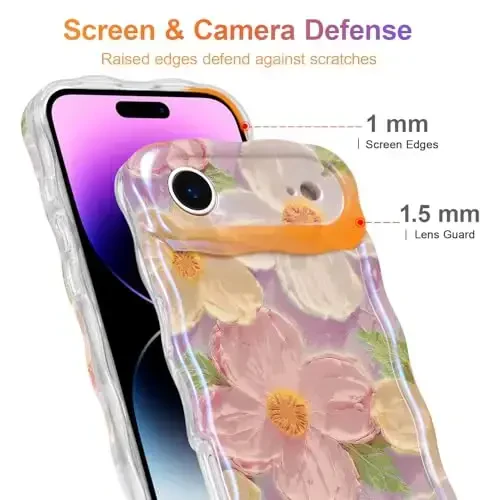 EYZUTAK Case for iPhone Air, Colorful Retro Oil Painting Printed Flower Laser Glossy Pattern Cute Curly Wave Edge Exquisite Phone Cover Stylish Durable TPU Protective Case for Girl Women-Pink - 4