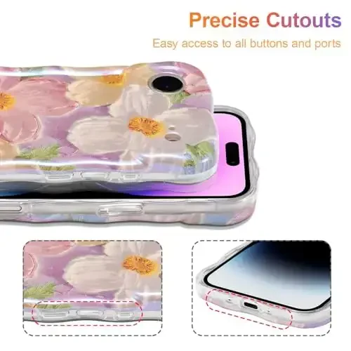 EYZUTAK Case for iPhone Air, Colorful Retro Oil Painting Printed Flower Laser Glossy Pattern Cute Curly Wave Edge Exquisite Phone Cover Stylish Durable TPU Protective Case for Girl Women-Pink - 5
