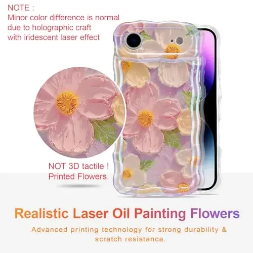 EYZUTAK Case for iPhone Air, Colorful Retro Oil Painting Printed Flower Laser Glossy Pattern Cute Curly Wave Edge Exquisite Phone Cover Stylish Durable TPU Protective Case for Girl Women-Pink - 2