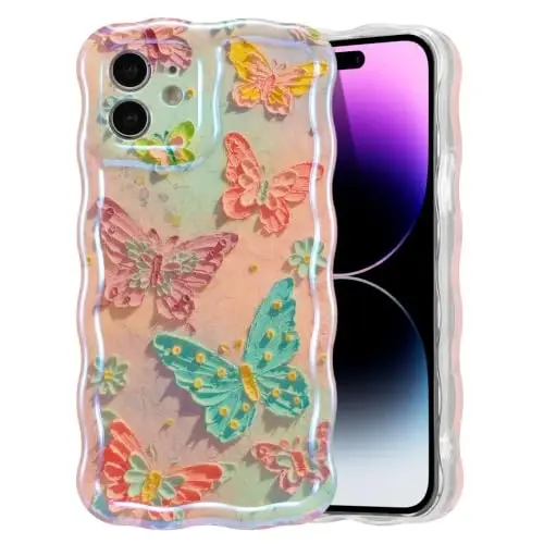 EYZUTAK Чехол для iPhone 11, красочный ретро масляная живопись цветок лазерный глянцевый узор милый кудрявый край волны изысканный чехол для телефона стильный прочный защитный чехол из ТПУ для девочек и женщин - Бабочки 