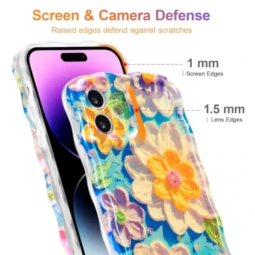 EYZUTAK Чехол для iPhone 12, Цветной ретро-чехол с масляной живописью, цветочным лазерным глянцевым рисунком, милым волнистым краем, изысканный чехол для телефона - 4