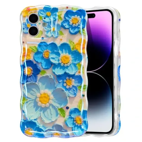 EYZUTAK Чехол для iPhone 12, красочный ретро-чехол с масляной живописью, цветочными лазерными глянцевыми узорами, милыми волнистыми краями, изысканный чехол для телефона, стильный прочный защитный чехол из ТПУ для девочек и женщин - синий 