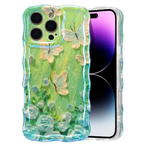 EYZUTAK Чехол для iPhone 12 Pro, цветной ретро масляная живопись цветок лазерный глянцевый узор милый вьющийся край изысканный чехол для телефона стильный прочный защитный чехол из ТПУ для женщин - Зеленая бабочка - 1