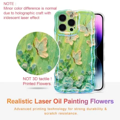 EYZUTAK Чехол для iPhone 12 Pro, цветной ретро масляная живопись цветок лазерный глянцевый узор милый вьющийся край изысканный чехол для телефона стильный прочный защитный чехол из ТПУ для женщин - Зеленая бабочка - 2