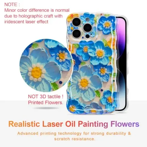 EYZUTAK Чехол для iPhone 12 Pro, цветной ретро-узор с масляной живописью, цветы, лазерный глянцевый узор, милый волнистый край, изысканный чехол для телефона, стильный прочный защитный чехол из ТПУ для девочек и женщин — синий - 2