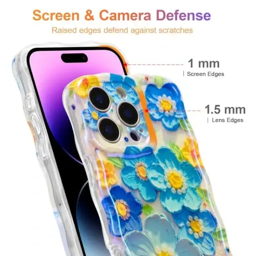EYZUTAK Чехол для iPhone 12 Pro Max, разноцветный ретро-цветок масляной живописи, лазерный глянцевый узор, милый волнистый край, изысканный чехол для телефона, стильный прочный защитный чехол из ТПУ для девочек и женщин — синий - 4
