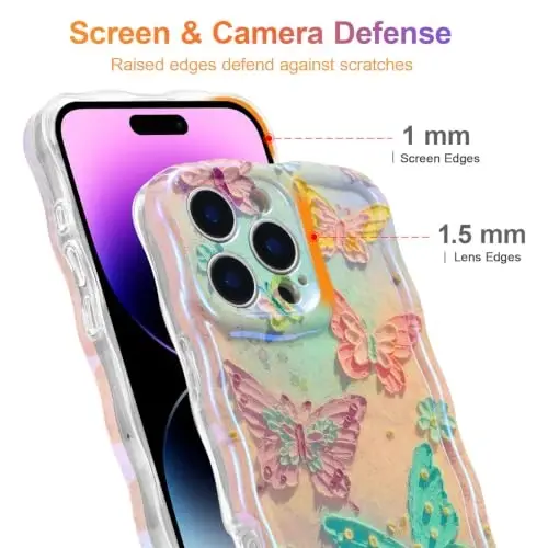 EYZUTAK Чехол для iPhone 13 Pro, красочный ретро-масляный цветочный лазерный глянцевый узор, милый волнистый край, изысканный чехол для телефона, стильный прочный защитный чехол из ТПУ для девочек и женщин — Бабочки - 4