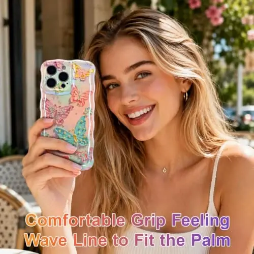 EYZUTAK Чехол для iPhone 13 Pro, красочный ретро-масляный цветочный лазерный глянцевый узор, милый волнистый край, изысканный чехол для телефона, стильный прочный защитный чехол из ТПУ для девочек и женщин — Бабочки - 6