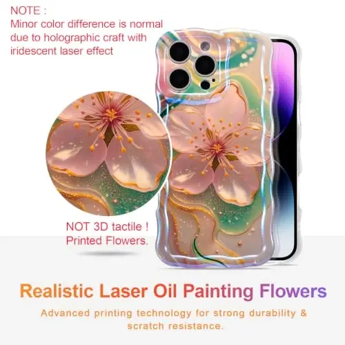 EYZUTAK Чехол для iPhone 13 Pro Max, разноцветный ретро-масляная живопись цветок лазерный глянцевый узор милый кудрявый край изысканный чехол для телефона стильный прочный защитный чехол из ТПУ для девочек и женщин — Сакура - EYZUTAK (1)